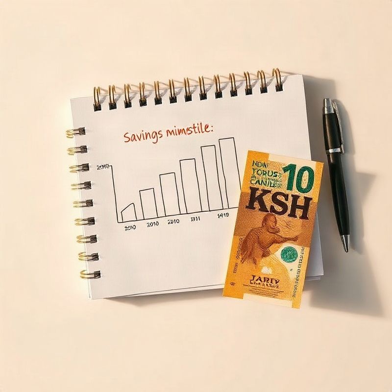 Flat-lay of a spiral notebook with a hand-drawn savings milestone chart, a KSh banknote, and a pen