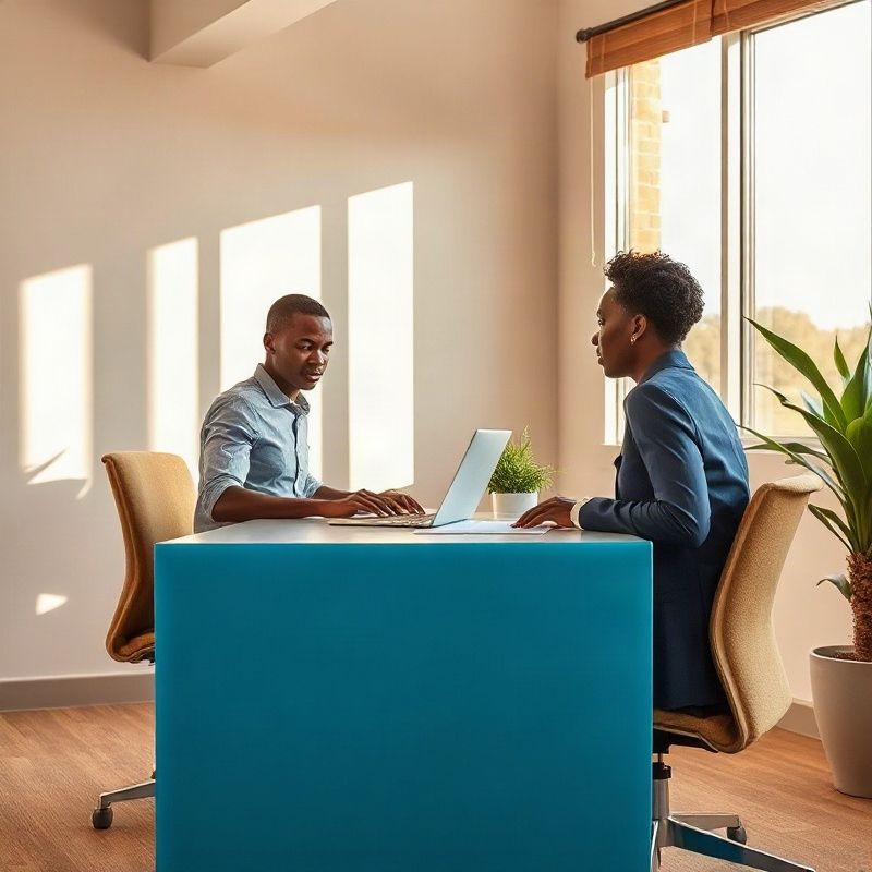 Two professionals working at a clean azure-accented desk in a bright Nakuru office