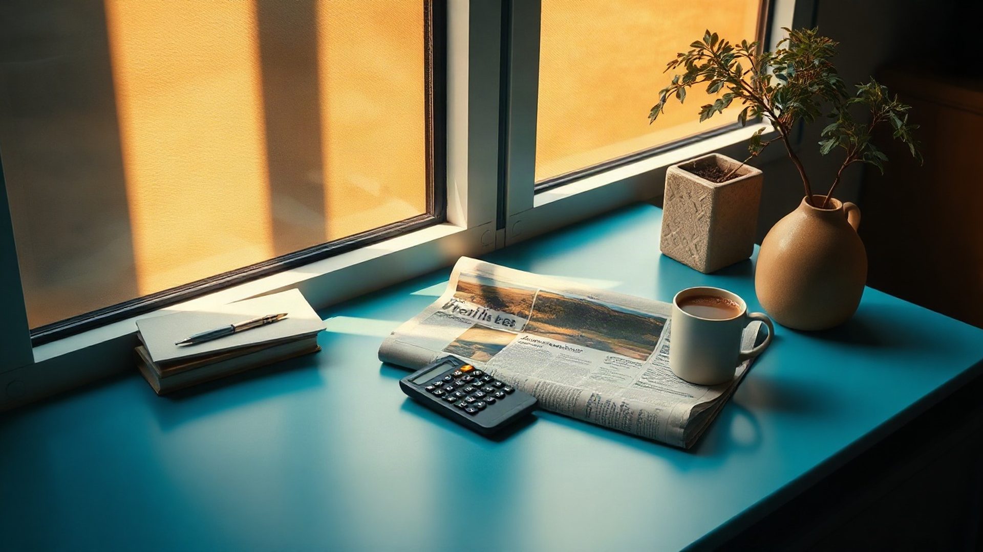 An editorial workspace with a Kenyan newspaper, calculator, and a cup of chai in warm morning light