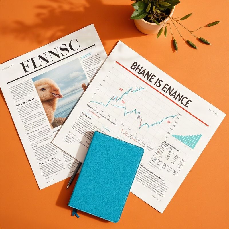 Flat-lay of finance journals, a printed NSE chart, and an azure-blue notebook on a warm terracotta desk