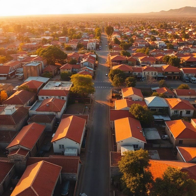 Aerial view of Nakuru city centre at midday with ochre rooftops and acacia trees at the urban fringe