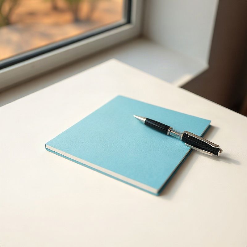 An azure-blue notepad and pen on a clean white desk with a window view of acacia trees