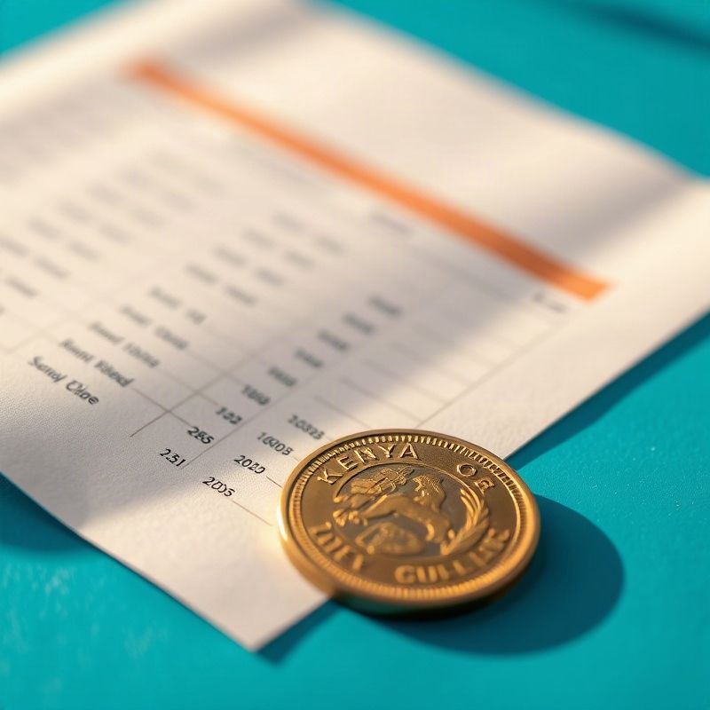 Close-up of a printed financial data table and a Kenyan shilling coin on an azure-toned surface